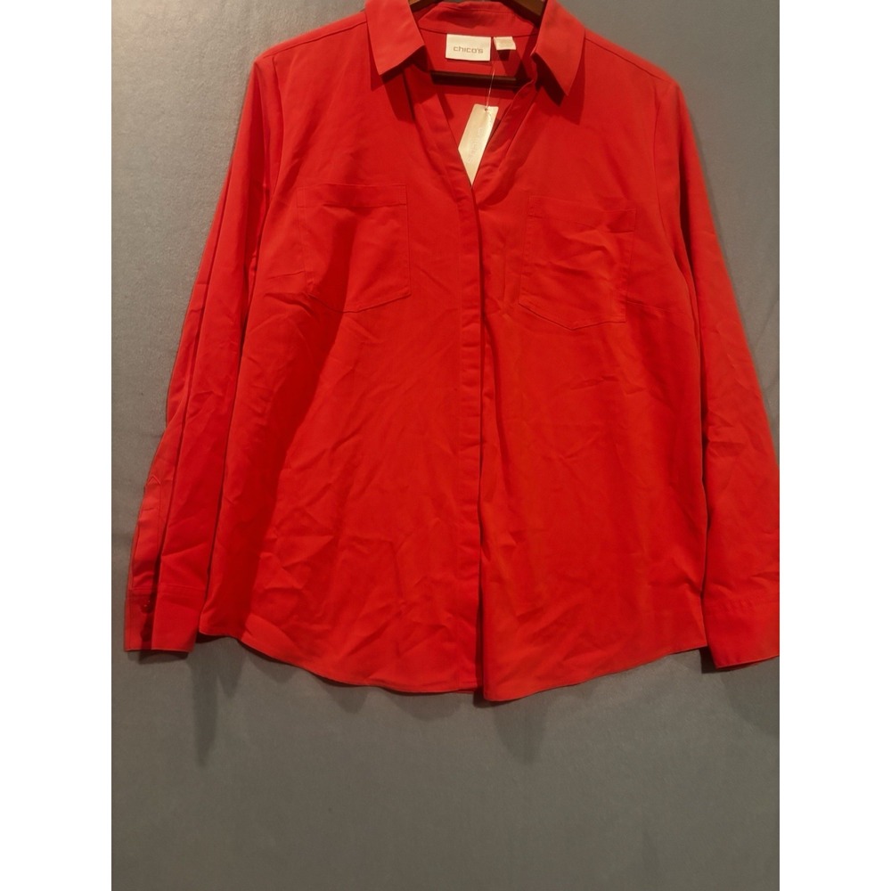 NEW Chicos Blouse Women's 2 Lg Silky Soft Dark Orange Tunic Button Up